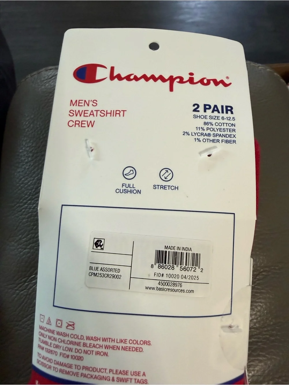 Champion Men's Sweatshirt Crew Socks - Navy/White with Red Accent(2pair)